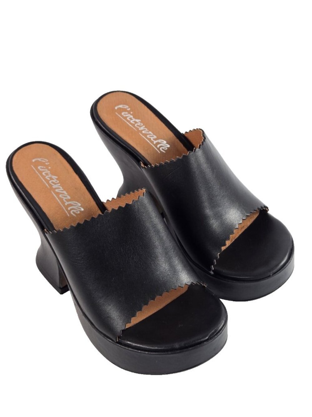 L'Intervalle Rua Leather Platform Slide Sandals 39 Block Heel Scalloped Spain